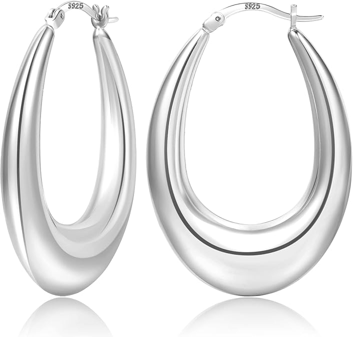 925 Sterling Silver Chunky Drop Oval Hoop Earrings for Women, White Gold Electro Plated