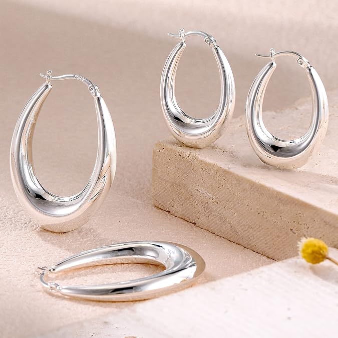 925 Sterling Silver Chunky Drop Oval Hoop Earrings for Women, White Gold Electro Plated