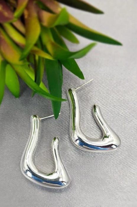 Sterling Silver 925 wavy U shape Hoops Electroform Rhodium polished