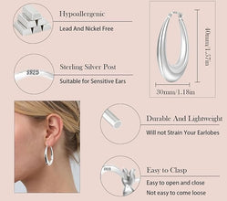 925 Sterling Silver Chunky Drop Oval Hoop Earrings for Women, White Gold Electro Plated